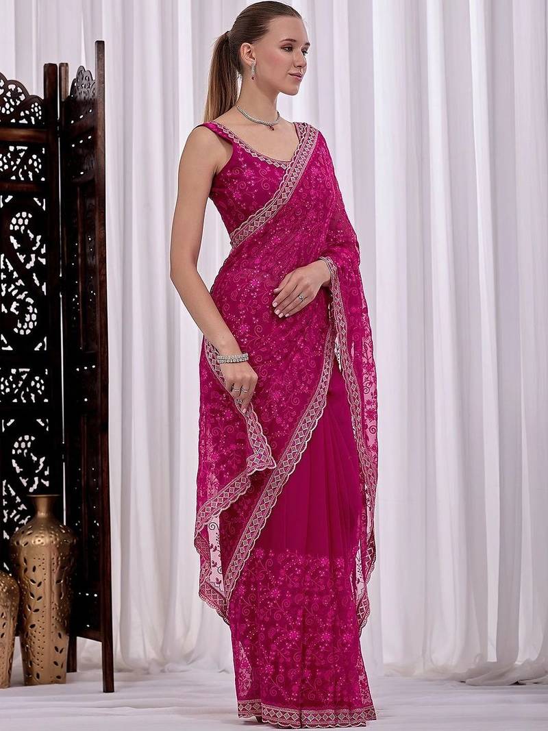Pink floral beads and stones  chiffon heavy work saree