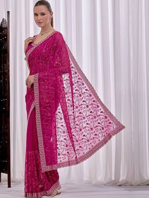 Pink floral beads and stones  chiffon heavy work saree 2