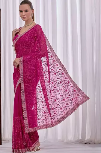 Pink floral beads and stones  chiffon heavy work saree
