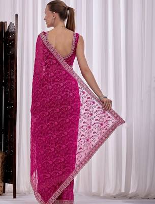 Pink floral beads and stones  chiffon heavy work saree 3
