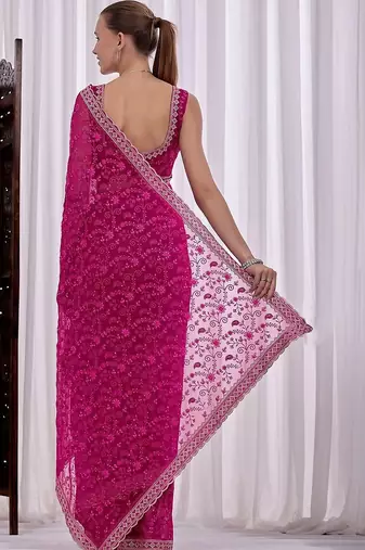 Pink floral beads and stones  chiffon heavy work saree