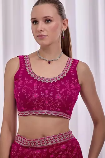 Pink floral beads and stones  chiffon heavy work saree