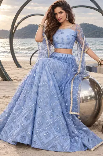 MUSTARD  NET THREAD WITH ZARI AND SEQUINCE WORK FESTIVE LEHENGA CHOLI SET FOR WOMEN'S