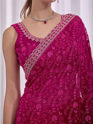 Pink floral beads and stones  chiffon heavy work saree 5