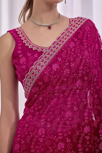 Pink floral beads and stones  chiffon heavy work saree