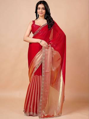 Red women ethnic motifs woven design saree 1