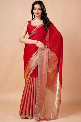 Red women ethnic motifs woven design saree