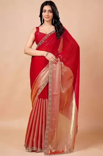 Red women ethnic motifs woven design saree