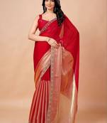 Red women ethnic motifs woven design saree