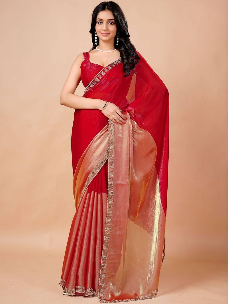 Red women ethnic motifs woven design saree