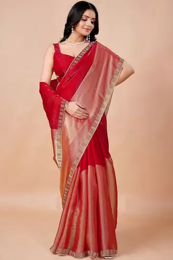 Red women ethnic motifs woven design saree
