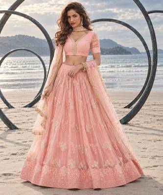 PEACH NET THREAD WITH ZARI AND SEQUIN WORK FESTIVE LEHENGA CHOLI 1