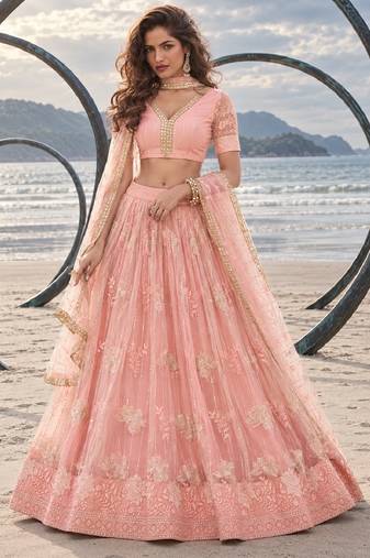 PEACH NET THREAD WITH ZARI AND SEQUIN WORK FESTIVE LEHENGA CHOLI