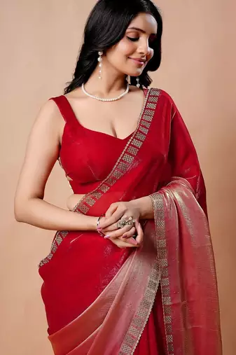 Red women ethnic motifs woven design saree