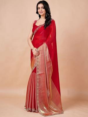 Red women ethnic motifs woven design saree 4