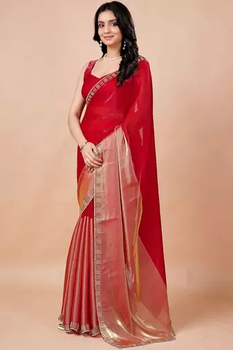 Red women ethnic motifs woven design saree