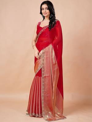 Red women ethnic motifs woven design saree 5