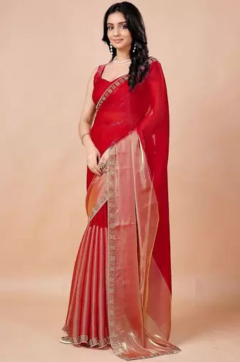 Red women ethnic motifs woven design saree