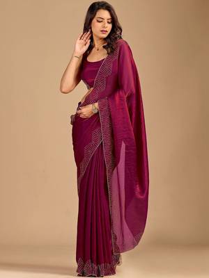 Maroon embellished beads and stones organza heavy work saree 1