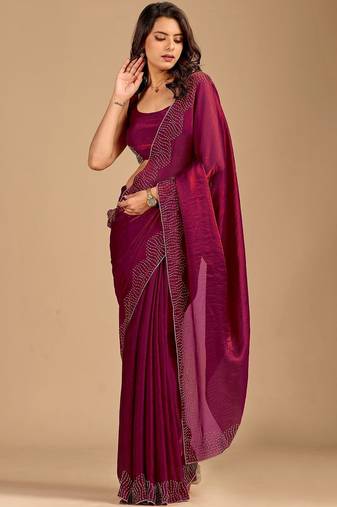 Maroon embellished beads and stones organza heavy work saree