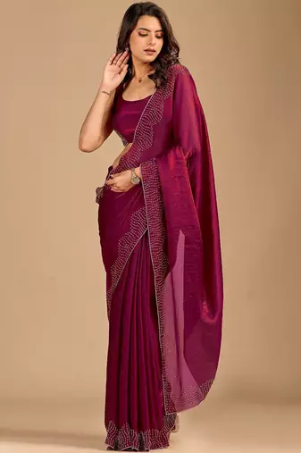 Maroon embellished beads and stones organza heavy work saree