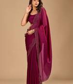 Maroon embellished beads and stones organza heavy work saree