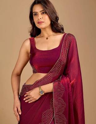 Maroon embellished beads and stones organza heavy work saree 2