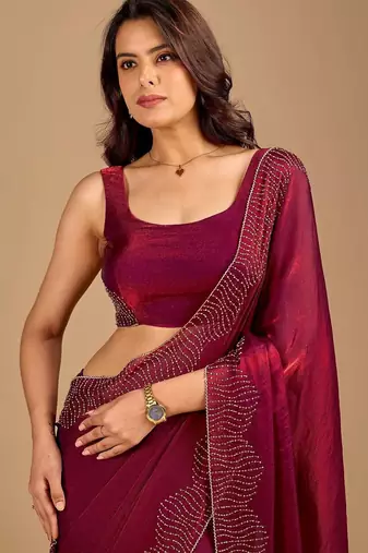 Maroon embellished beads and stones organza heavy work saree