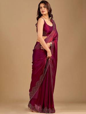 Maroon embellished beads and stones organza heavy work saree 3