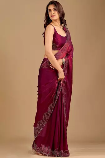 Maroon embellished beads and stones organza heavy work saree