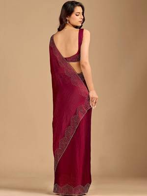 Maroon embellished beads and stones organza heavy work saree 4