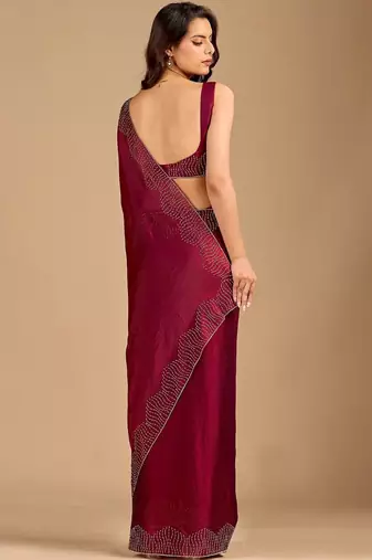 Maroon embellished beads and stones organza heavy work saree