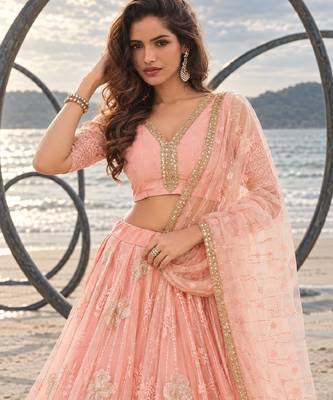 PEACH NET THREAD WITH ZARI AND SEQUIN WORK FESTIVE LEHENGA CHOLI 5