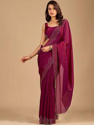 Maroon embellished beads and stones organza heavy work saree 5