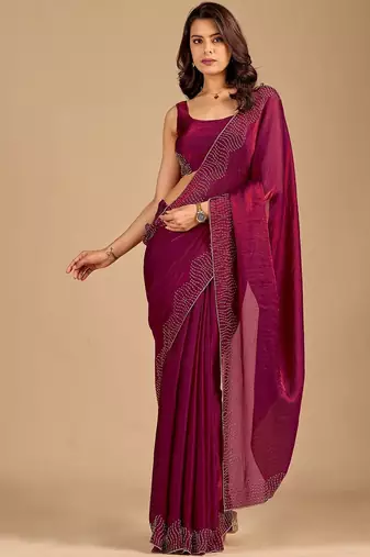 Maroon embellished beads and stones organza heavy work saree