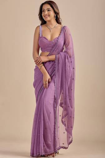 Lavender embellished sequinned  chiffon designer saree