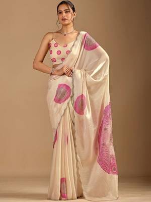 Cream polka dot beads and stones organza designer saree 1