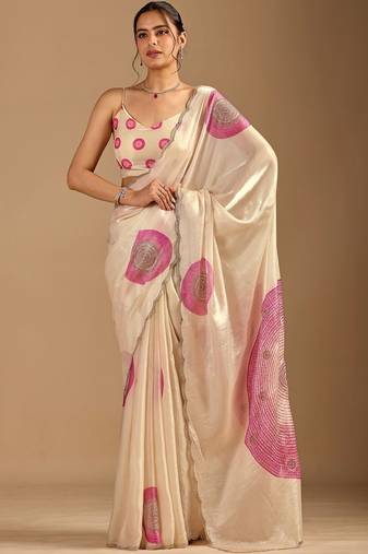 Cream polka dot beads and stones organza designer saree