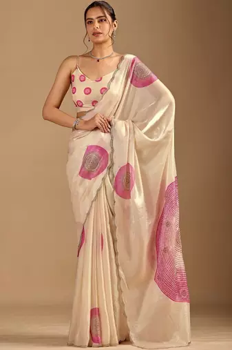 Cream polka dot beads and stones organza designer saree
