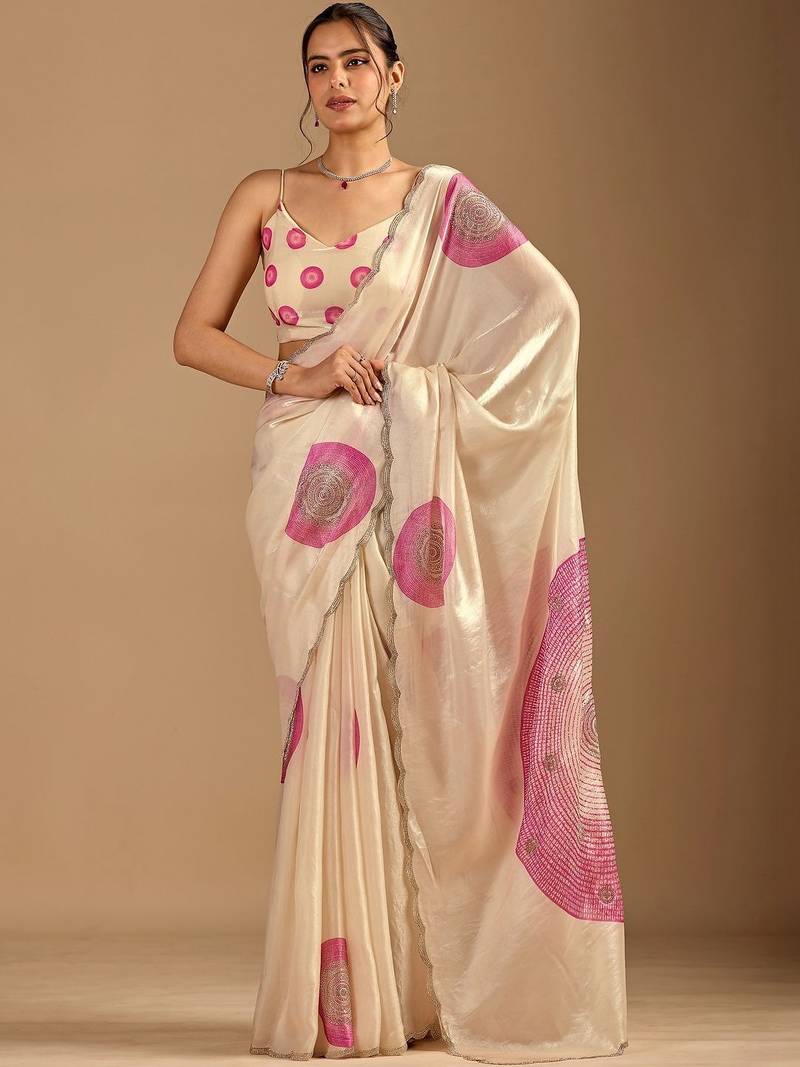 Cream polka dot beads and stones organza designer saree