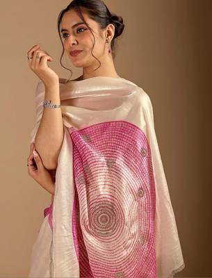 Cream polka dot beads and stones organza designer saree 2