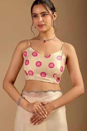 Cream polka dot beads and stones organza designer saree