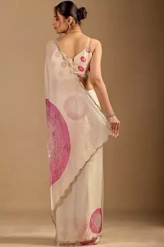Cream polka dot beads and stones organza designer saree
