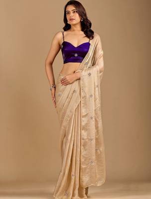 Beige embellished zari organza heavy work saree 1