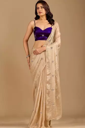 Beige embellished zari organza heavy work saree