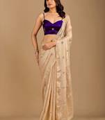 Beige embellished zari organza heavy work saree