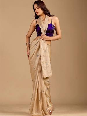 Beige embellished zari organza heavy work saree 3