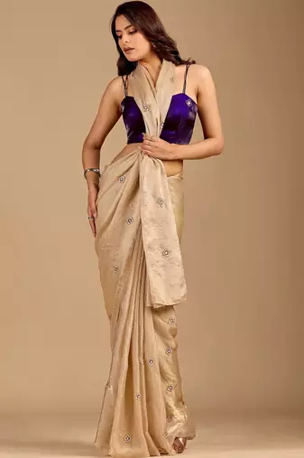Beige embellished zari organza heavy work saree