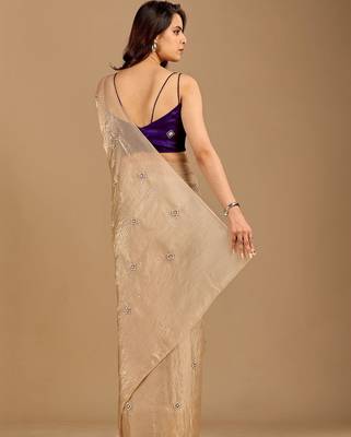 Beige embellished zari organza heavy work saree 4