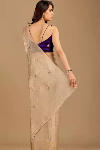 Beige embellished zari organza heavy work saree